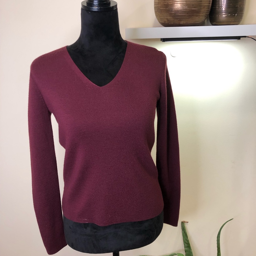 Ann Taylor LOFT Wool Cashmere Burgundy Blend V-Neck Sweater Small